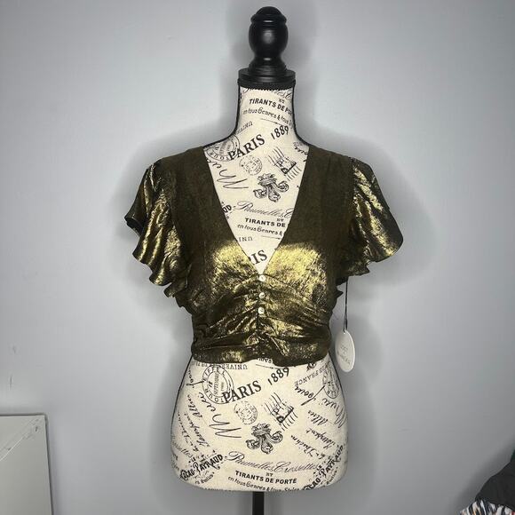 Lost + Wander (S) Heart of Gold Top - Button Front Flutter Sleeve Deep V Cropped - Picture 12 of 12